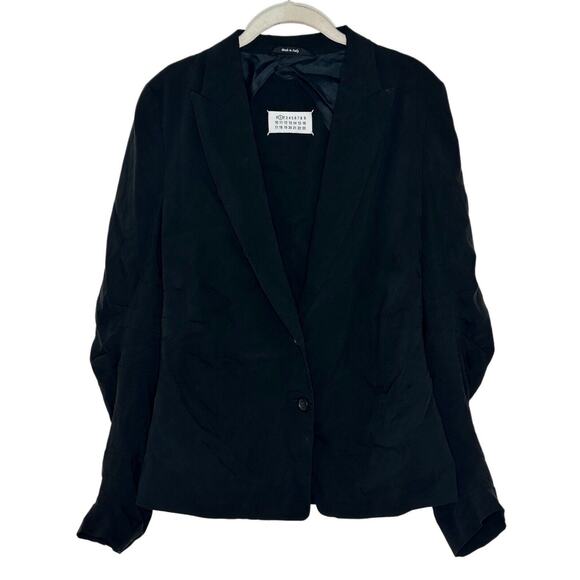 Maison Martin Margiela Italy Black Crepe Ruched Two Button Blazer EU Size 46